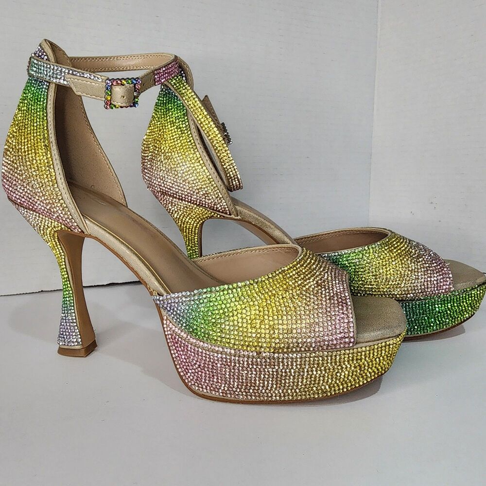 Mix No. 6 Lapea-H Size 8M Bling Rainbow Rhinestone Peep Toe Platform Shoes.
